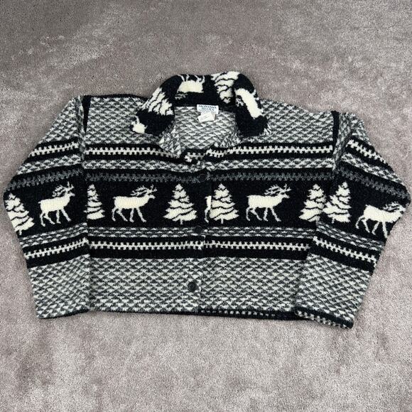 Moose Evergreen Fleece Jacket Size L Black Cream Fair Isle Nordic Print Collar - Picture 1 of 4